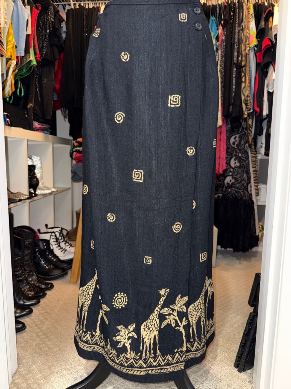 Black Maxi Skirt with Gold Giraffe Border Embroidery